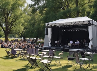 A large convention center hall arranged for an event setup with scattered boxes, crates, and equipment. There are partitions covered with white drapes, directional signs hanging from the ceiling, and yellow taped lines on the floor. A person is walking through the hall, and equipment is positioned sporadically.