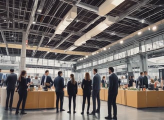 A large convention center hall arranged for an event setup with scattered boxes, crates, and equipment. There are partitions covered with white drapes, directional signs hanging from the ceiling, and yellow taped lines on the floor. A person is walking through the hall, and equipment is positioned sporadically.
