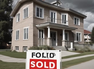 A real estate auction sign displaying the word 'SOLD' in bold red letters. The sign includes images of a home's interior featuring a living room with modern furniture, and it is set against the backdrop of trees and sky.