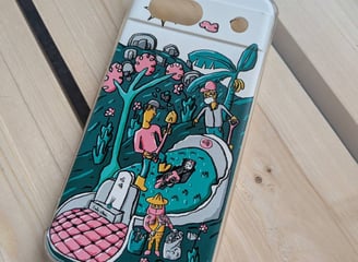 把故事畫成一幅畫，並印在手機殼上的客製化手機殼。內容是挖開墳墓撿骨的畫面的手機殼範例