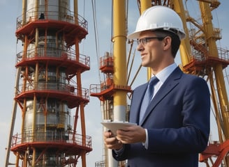 A man in a suit and tie is posing next to a large industrial turbine or engine component. The setting appears professional and technical, with a focus on machinery.