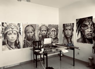 Visão geral do estúdio de Amanda, cercado por vibrantes obras de arte.