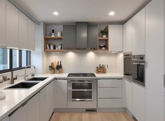 The image depicts a partially renovated or under-construction room. An unfinished wall with visible drywall and joints can be seen, alongside scattered construction materials like a ladder, wooden boards, and yellow construction buckets. A door is propped open, leading to a dimly lit area with more materials stacked in the background.