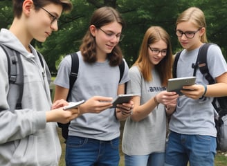 Group of students using tablets outside in a GPS based-treasure hunt.