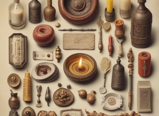A collection of Aesop branded skincare and grooming products arranged on a light-colored marble surface. The products include small amber glass bottles with black screw caps, a tube, and stick-shaped containers. All labels are black and white, featuring product information in both English and possibly French.