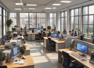 A group of employees working at desks or in groups in a large office.