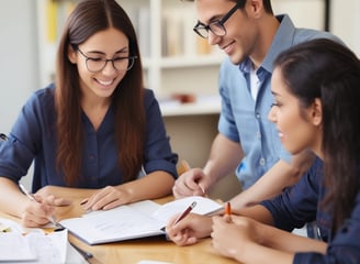 A teacher is engaging with a group of students sitting at a desk. The students are dressed in matching attire and wearing traditional headwear. They appear focused on their studies as they interact with the teacher. Books are open in front of them, and shelves filled with books are visible in the background.