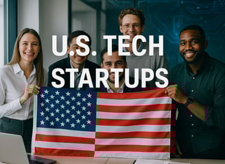 Group of diverse U.S. tech startup founders holding an American flag in a modern office setting