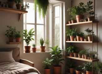 A rustic brick wall adorned with shelves holding various potted plants, vibrant flowers, and decorative lanterns. Below the shelves, a marquee light sign spells out 'THE GARDEN' in large, illuminated letters. Assorted garden-themed decor, such as watering cans and jars, are neatly arranged on the lower shelf.