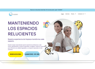 Sitio web de limpieza moderno con diseño optimizado, elementos visuales vibrantes y programación