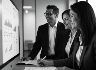 A team of people looking at a computer screen which has financial reports