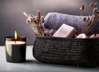a basket weave basket with a candle and soap