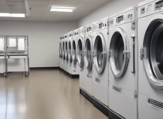 A dimly lit laundromat with industrial-style washing machines lining the wall. The floors are checkered and there are long, metal tables and a laundry cart in the foreground. Fluorescent lights cast a green hue over the scene, with minimal natural light coming from a small window.