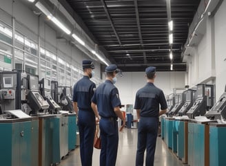 A security officer in protective gear stands in a city environment. The officer is wearing a black uniform, helmet, and sunglasses, holding a baton. The urban backdrop includes buildings and various signs with some visible text in a foreign language.