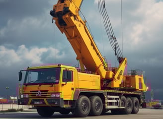 A red construction crane with a large hook hangs against a clear sky. The crane features a lattice boom design and is positioned at an angle with cables extending vertically.