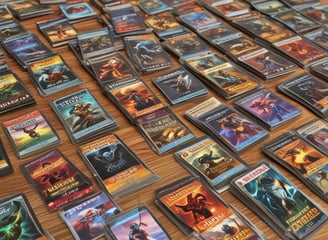 A collection of trading cards from a game called 'Toons and Towers' is spread out on a wooden surface. Each card features a colorful cartoon character and various stats like class, attack, and defense. The characters include a bird, a mushroom, a pig, a chameleon, a cat, and a large bird-like creature.