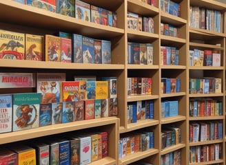 A display case filled with various trading cards, including baseball and football cards, with vibrant packaging. A sign labeled 'Trading Cards' is positioned nearby, indicating the collection available for viewing.