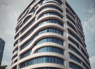 A multi-story residential building features numerous apartments with balconies. Each unit is fitted with air conditioning units attached below the windows. The facade exhibits a uniform pattern of windows and concrete, creating a repetitive architectural style.