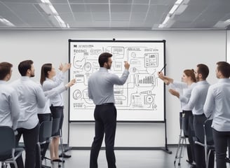 A person is presenting in front of a whiteboard filled with detailed marketing diagrams and notes. Several people are seated, paying attention to the presentation. The setting appears to be a professional workshop or meeting room with natural light coming through large windows.