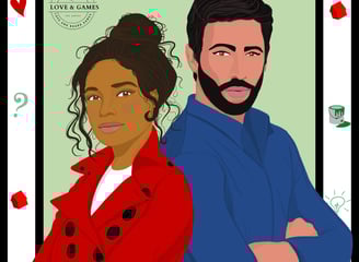 Monopolove - a man and woman in a red jacket and red coat in a Monopoly game card
