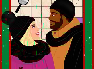 Clued in Christmas - a man and woman in a christmas Clue board game
