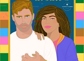 Trivialized Pursuit - a man and woman standing next to each other inside a Trivial Pursuit game