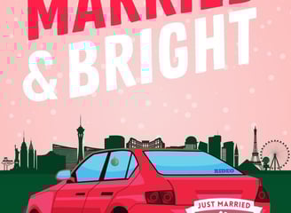 Married & Bright - a red car (just married) on a road with the Vegas skyline in the distance