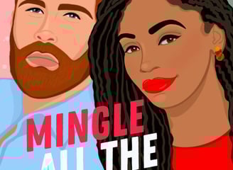 Mingle All the Way - a red-haired man in a blue shirt and Black woman in a red shirt leaning togethe
