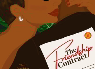 The Friendship Contract - a Black woman is holding a contract hugging a Black man in a brown shirt
