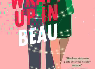 Wrapped Up in Beau - a woman in a green dress and a man in a gray suit tied with Christmas lights