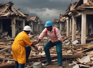 Two people are outdoors, potentially involved in a cleanup or meal distribution activity. They are surrounded by cups and bags on a surface. One person is wearing a red bandana and gloves. Trees and a clear sky form the background.