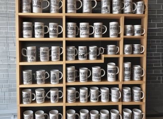 The focus is on a computer screen displaying an online store featuring T-shirts with various graphic designs. The left side of the image is blurred, showing indistinct colors and shapes, possibly a menu or food items.
