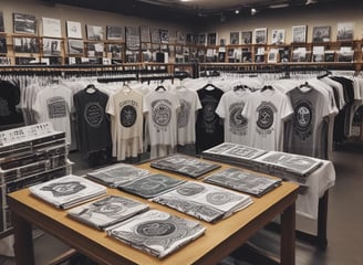 A neatly organized store shelf displaying various branded merchandise including coffee mugs, tumblers, bags of coffee beans, and cups. The products are arranged in a visually appealing manner with different collections and themes.