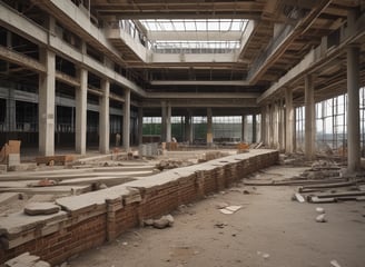 A two-story building is under construction, featuring a concrete structure with unfinished walls and open windows. Construction materials such as sand, bricks, and a stack of bags are visible in the front yard, along with some makeshift scaffolding. There is a blue barrel on the ground and some greenery on the right side of the image.