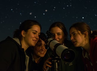 a group of people standing around a telescope