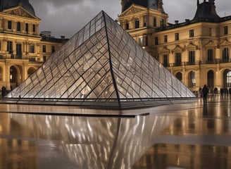 A dimly lit art gallery features several framed art pieces mounted on a textured concrete wall. There is a black display stand in the center of the room with a curved glass top, possibly showcasing an item underneath. The lighting is focused on the walls, highlighting the artwork while casting the rest of the room in shadows.