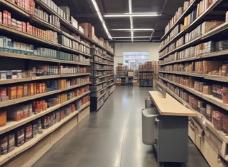 Interior space featuring shelves stocked with various products, likely skincare or cosmetics. The walls are light-colored and the floor is tiled. Large, ornate light fixtures hang from the ceiling. A sign on the wall reads 'The Gold Method'.