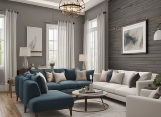 Warm ambient lighting fills a room decorated with stylish, organic-shaped furniture and accent pieces. Hanging woven light fixtures create a cozy atmosphere, with matching sculptures and vases enhancing the design. Archways and soft shadows add depth and intrigue to the setting.