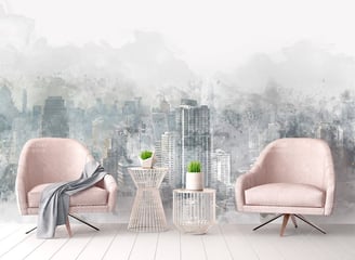 a living room with a cityscapeople wallpapered with a citysca