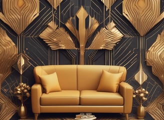 a couch with a gold leaf motif on the wall
