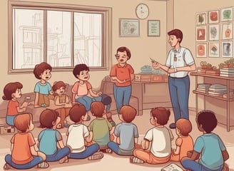 Two children are seated outside on wooden benches at a small desk, engaged with a blackboard that has writing on it. An adult stands nearby, seemingly instructing or observing them. The setting has rustic wooden and painted walls, and the environment appears casual yet educational.