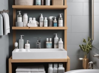 A collection of eco-friendly cleaning products and personal care items laid out on a flat surface. The composition includes bottles of cleaning sprays with silver metallic finishes, glass bottles of essential oils, wooden toothbrushes, a rectangular bar of natural soap, and various cleaning brushes with wooden handles. The arrangement is visually appealing, with shadows adding depth and texture.