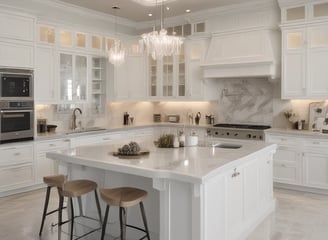 A spacious, luxurious kitchen features a large island with dark cabinetry and granite countertops. There are several pendant lights hanging from the ceiling, and the kitchen area opens into a brighter living space with windows offering a scenic view. A variety of decorative items, including a collection of colorful plates and a large statue, add character to the room.