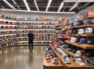 A person wearing a top hat and a t-shirt is looking down while holding two wide-brimmed hats. Behind them is a shelf filled with various hats and objects.