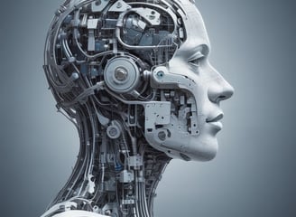 A futuristic and digital-themed image features a stylized circuit board with the words 'Open AI' in bold, glowing letters. Above it is a design that resembles an AI or robot face with neon accents. The background consists of a network of interconnected blue lines and nodes, suggesting themes of technology and connectivity.