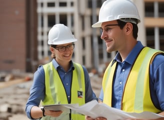 The image depicts a construction site with workers building a small structure made of concrete blocks. There are wooden scaffolding and support beams in place, and the site is surrounded by palm trees, conveying a tropical setting. Construction materials such as blue tarpaulin and concrete blocks are scattered around the area.