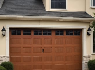 A row of symmetrical blue and white garage doors with a bold yellow column interrupting the pattern, set against a flat gray wall. The top half of the image features a clear blue sky, while a strip of green grass lies at the bottom.