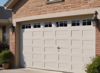 A closed red garage door with horizontal panels is set within a brick wall. The bricks are red with various shades, showing some texture and detail.