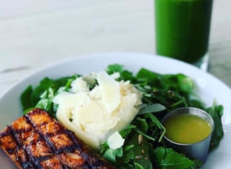 Grilled Smoked Salmon with Greens and Green Juice