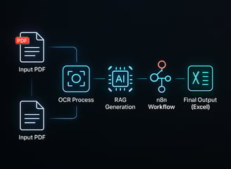 A sleek, modern AI automation workflow diagram in 3D perspective.